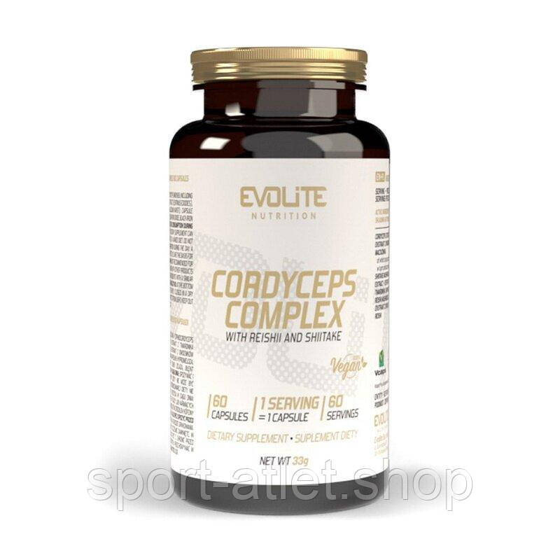 Екстракт кордицепса, шиїтаке, рейші Evolite Nutrition Cordyceps Complex, 60 капсул для підтримки імунної системи, фото 1