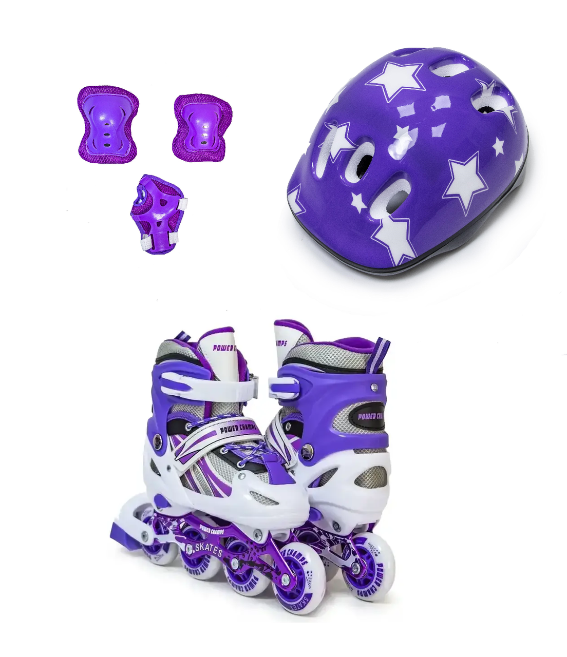 Комплект роликів "Power Champs" з захистом і шоломом, Фіолетового кольору, розмір 29-33