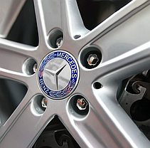 Ковпачки (заглушки) в литі диски Mercedes-Benz (Мерседес) 60 мм. Класик Хром Синій обідок, фото 5