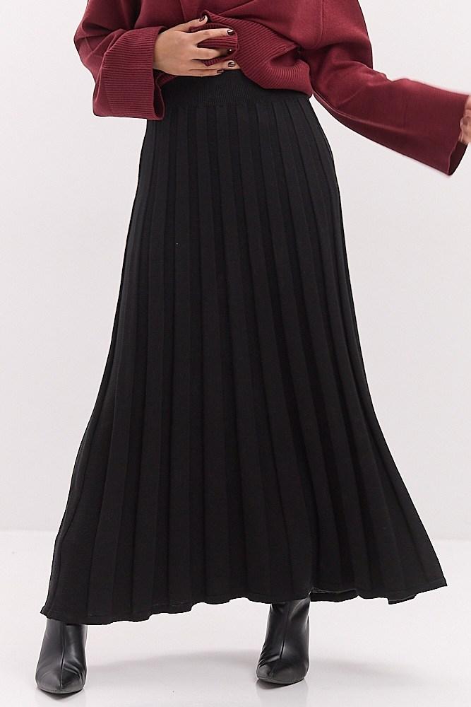 Спідниця в'язана довга плісе тепла зимова резинка чорна, фото 1