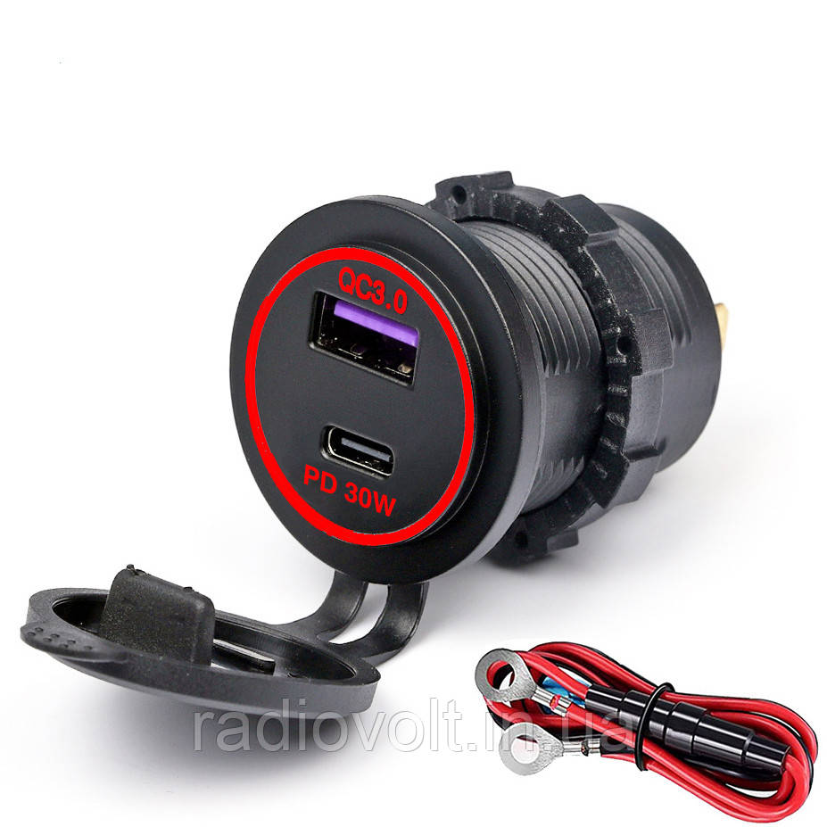 Врізна USB-розетка для авто з QC3.0 + PD Type-C (36 Вт), 6-32В, червоний