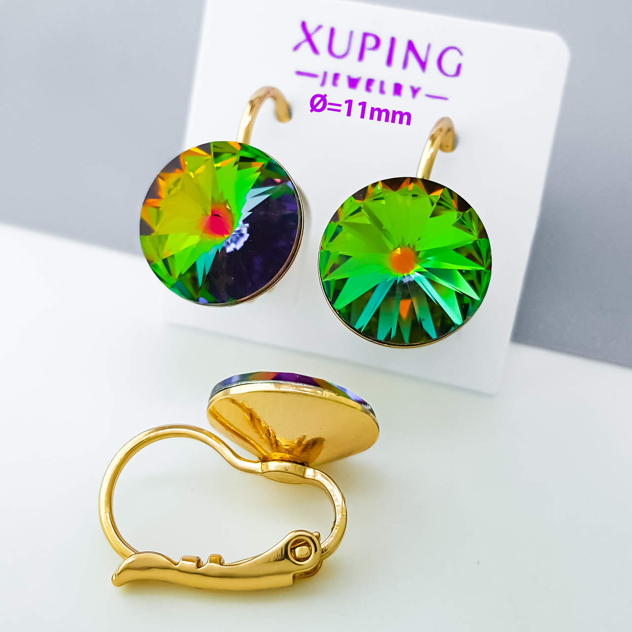 Сережки Зелений Хамелеон, Swarovski, медсплав Xuping позолота 18K