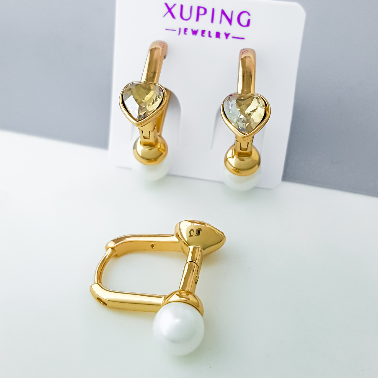 Сережки 2в1 зі Swarovski і білими перлами, медсплав Xuping позолота 18K