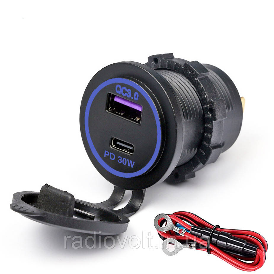 Врізна USB-розетка для авто з QC3.0 + PD Type-C (36 Вт), 6-32 В, синій