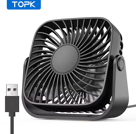 Настільний USB-вентилятор TOPK чорний на 3 швидкості з обертанням на 360°, фото 1
