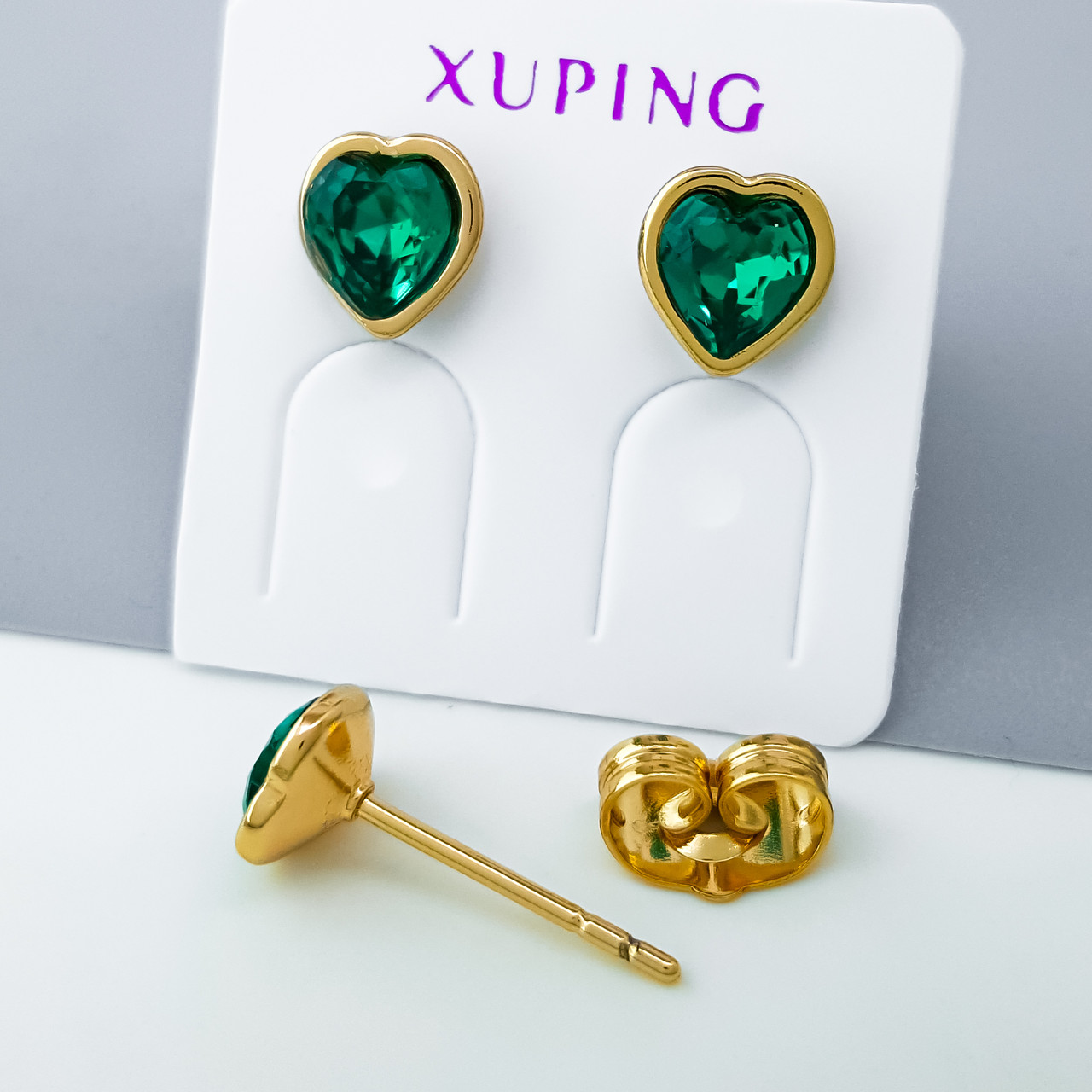 Сережки цвяшки, Серце із зеленим Swarovski, медсплав Xuping позолота 18K, фото 1