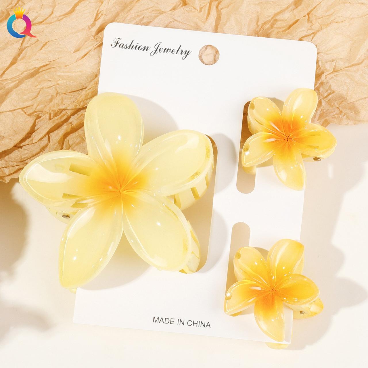 Набір трендових заколок-зажимів "Плюмерія" Жовтий, 3 шт, фото 1