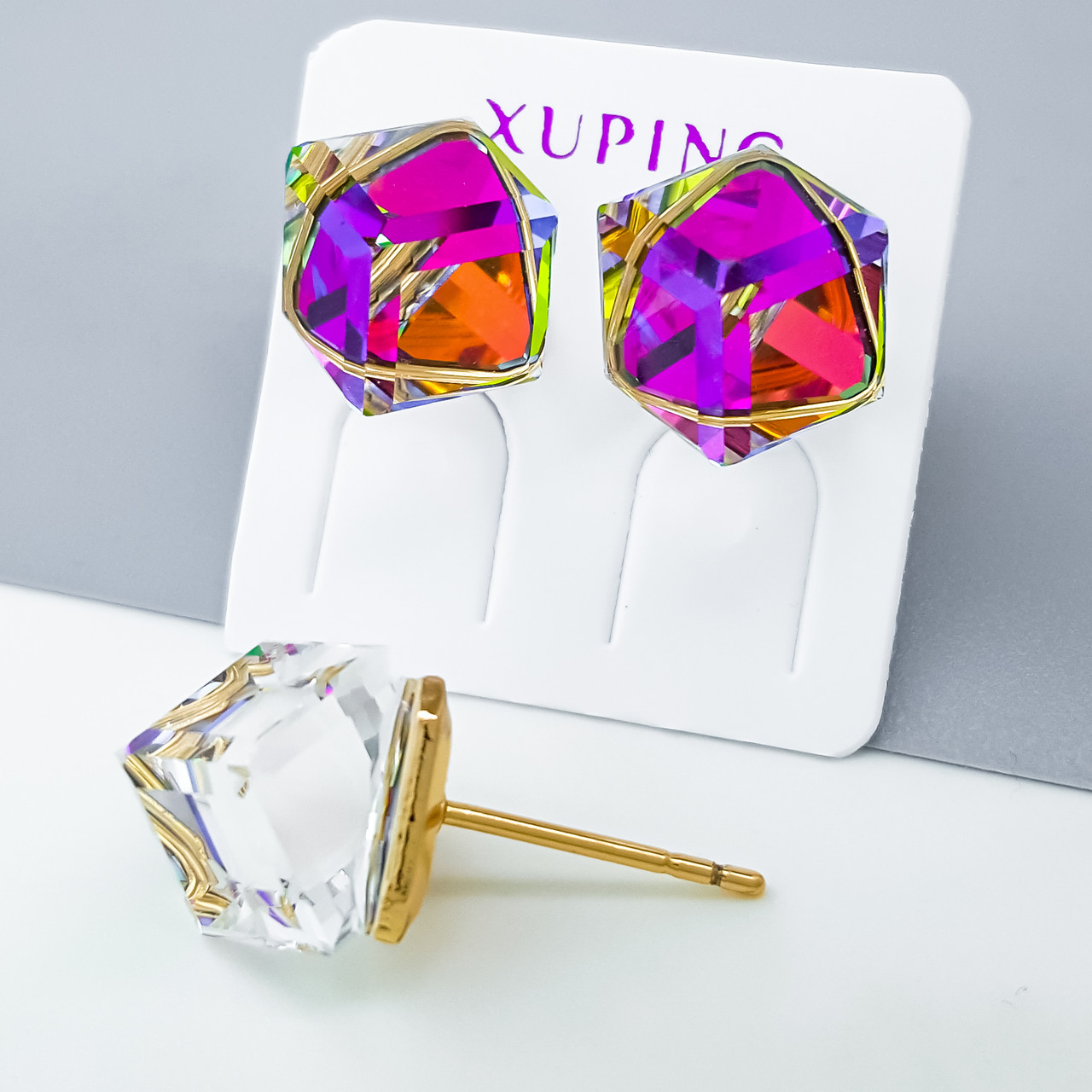 Сережки цвяшки, Куб з рожевим Swarovski, медсплав Xuping позолота 18K, фото 1