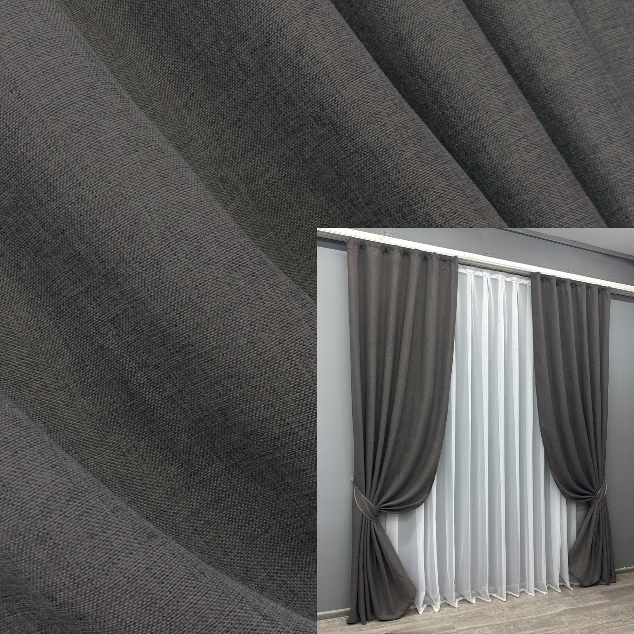 Комплект штор (2шт. 1,5х2,8м.) колекція "Льон Мішковина". Колір графітовий. Код 1140ш 30-961, фото 1