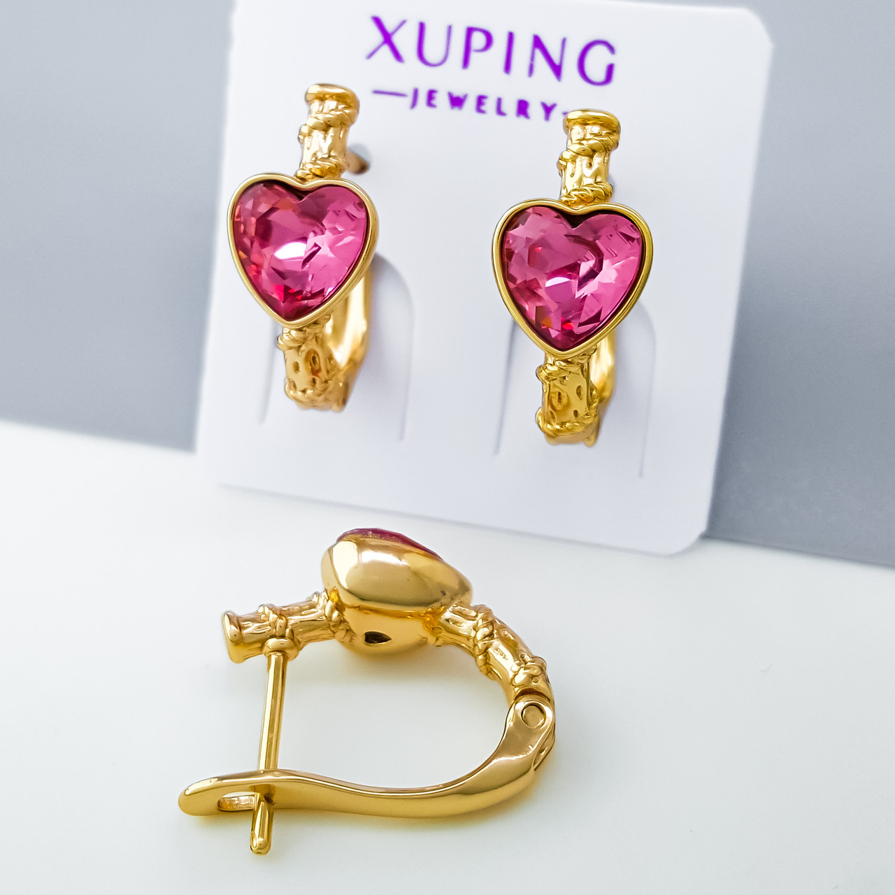 Сережки Малинове Серце, Swarovski, англ,замок, медсплав Xuping позолота 18K