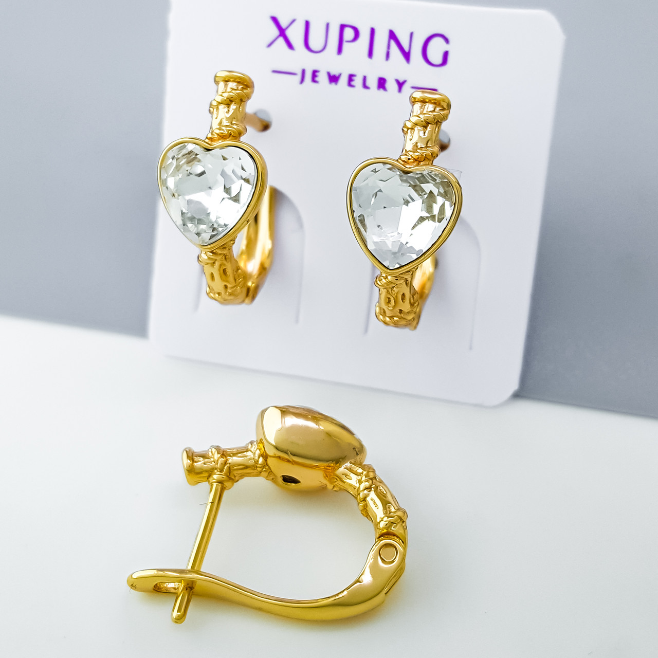 Сережки Чарівне Серце, Swarovski, англ,замок, медсплав Xuping позолота 18K