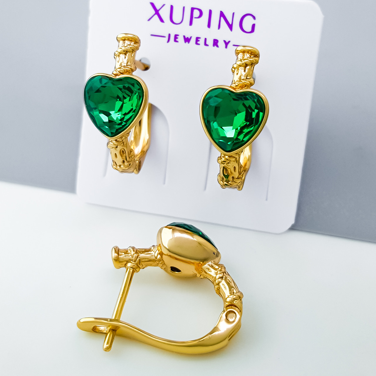 Сережки Зелене Серце, Swarovski, англ,замок, медсплав Xuping позолота 18K