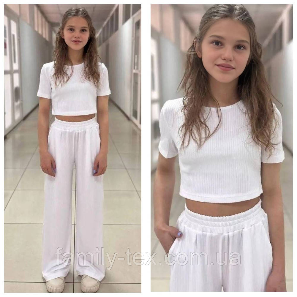 Стильний літній костюм для дівчаток "Лора" рубчик, топ і штани палацо, розміри на рости 134 — 158, фото 1
