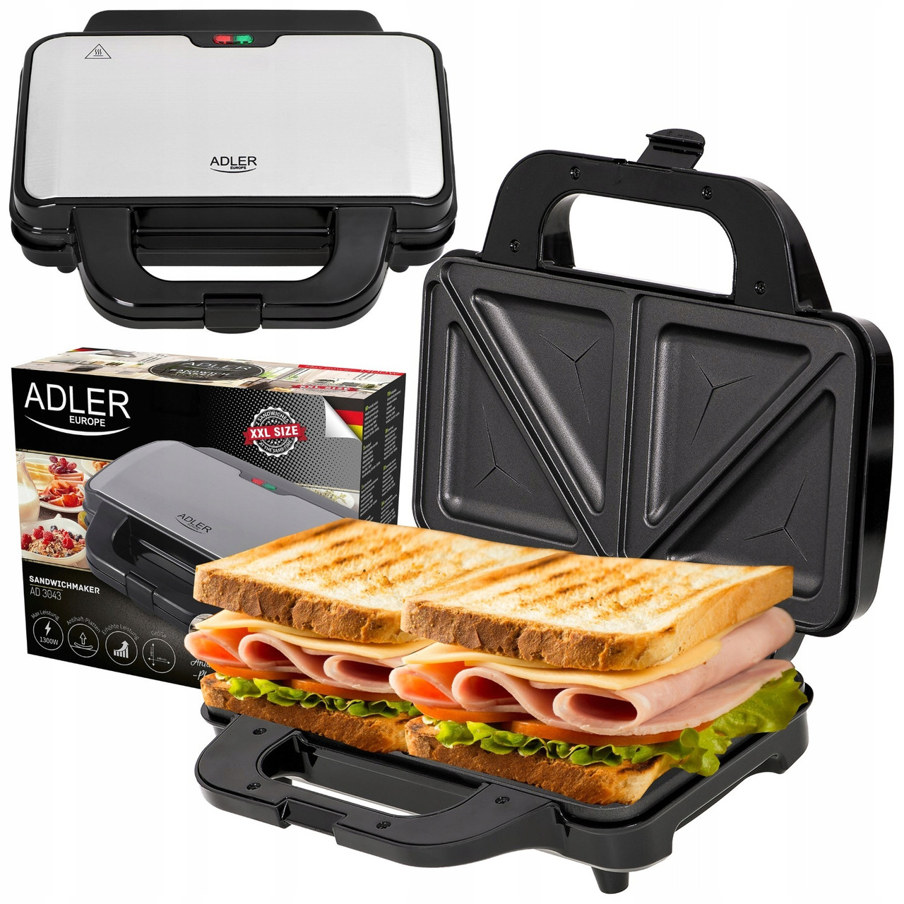 Сендвічниця Adler AD 3043 — 1300 Вт, XXL плити 28,5×15,2 см, антипригарне покриття, фото 1