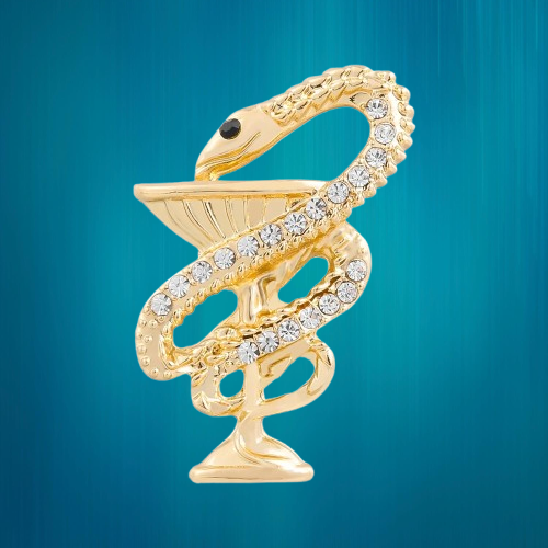 Брошка, значок мідіку "Чаша зі змійкою" 3.5х2.5мм, стрази голд, піни, біжутерія медична, фото 1