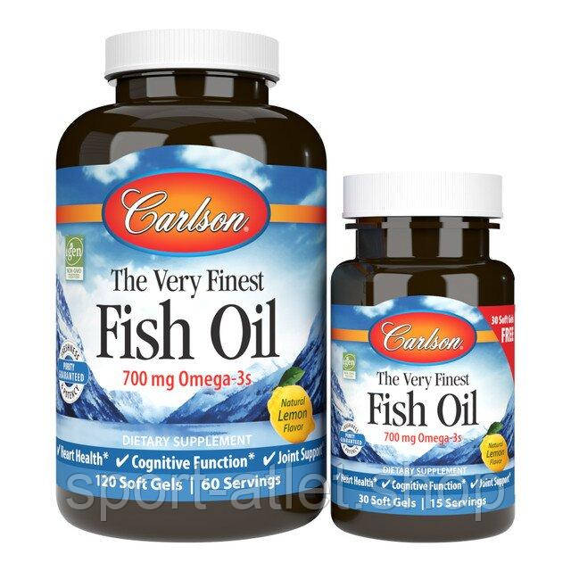 Жирні кислоти Carlson Labs The Very Finest Fish Oil 700 mg, 120+30 капсул - Лимон, фото 1