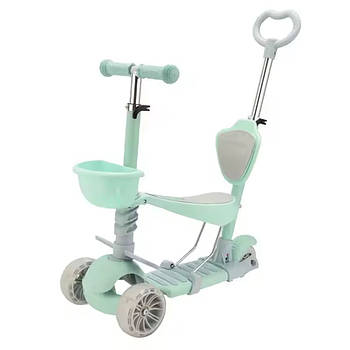 Дитячий триколісний самокат із сидінням, до 50кг / Самокат із батьківською ручкою / Дитячий самокат із кошиком