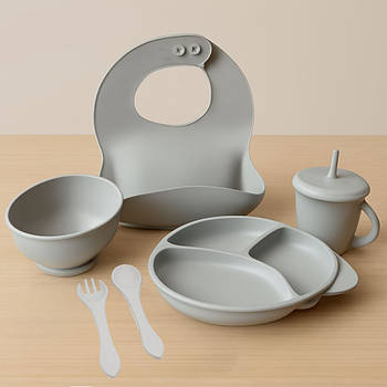 Набір дитячого посуду для годівлі, 6 предметів, Сірий / Набір силіконового посуду / Посуд для годування