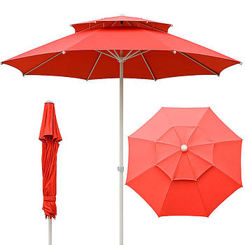 Посилена парасолька 2,5м з подвійним клапаном антивітер, 8 спиць, HYG1837, Червона / Велика пляжна парасолька