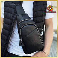 Сумка-слінг шкіряна, чоловіча сумка через плече чорна TIDING BAG