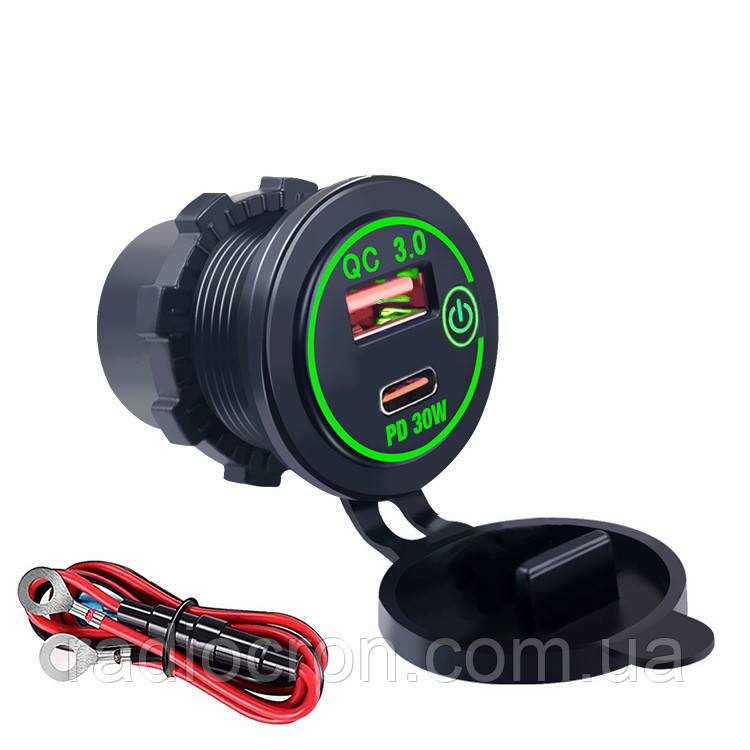 Врізна USB-розетка для авто з QC3.0 + PD Type-C (36 Вт), 6-32 В, зелений