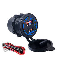 Врізна USB-розетка для авто з QC3.0 + PD Type-C (36 Вт), 6-32 В, синій