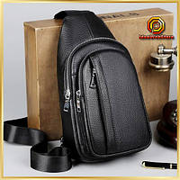 Шкіряна нагрудна чоловіча сумка слінг чорна TIDING BAG