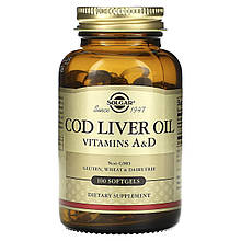 Вітамін А і  D з олії печінки тріски, Cod Liver Oil, Vitamins A & D, Solgar, 100 гелевих капсул