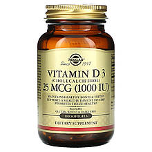 Вітамін D3 (холекальциферол), Vitamin D3, Solgar, 25 мкг (1000 МО), 100 гелевих капсул