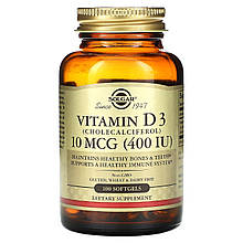 Вітамін D3, Vitamin D3, Solgar, 10 мкг (400 МО), 100 гелевих капсул