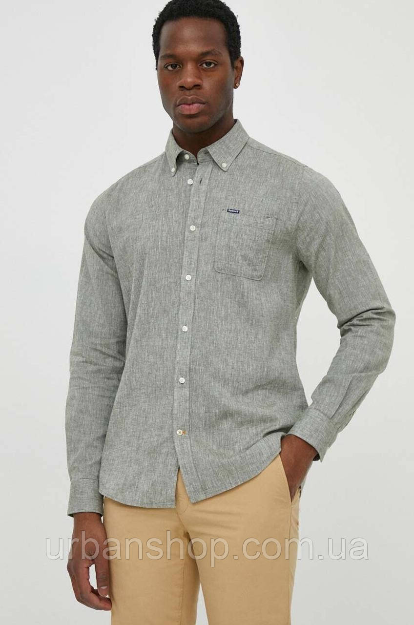 Urbanshop com ua Сорочка з льону Barbour колір зелений slim комір button-down РОЗМІРИ ЗАПИТУЙТЕ