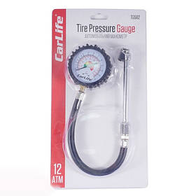 Манометр металевий вантажний 12атм "CarLife" (гнучкий шланг/двох сторонній наконечник) TG-582/хром