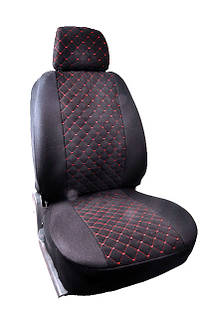 Чохли ''В'' "LUXE MAX" Чорні - Середина Алькантара ромби червона нитка(Заднє сид-ня розд+5-Підго-в)