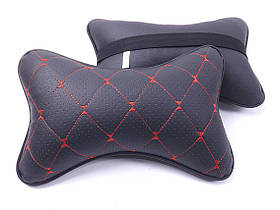 Подушка на підголівник еко-шкіра чорна + перфорація Ромб червоний + кант (2шт/к-кт)