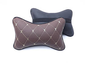 Подушка на підголівник еко-шкіра коричнева + перфорація Ромб золотий + кант (2шт/к-кт)
