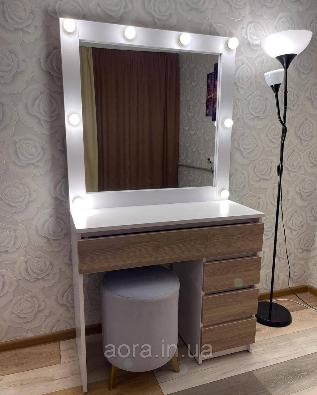 Столик косметичний з підсвічуванням  білий + Дуб Тахо