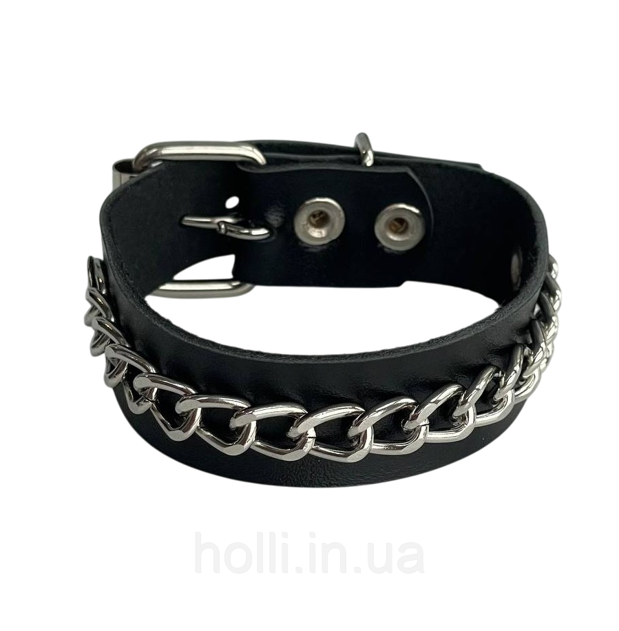 Шкіряний браслет на руку Chain з ланцюжком на пряжці чорний, натуральна шкіра, 20 мм