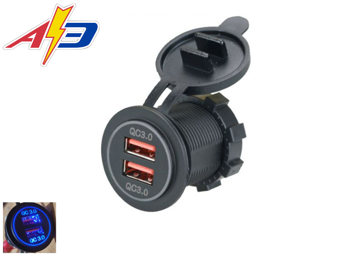 USB розетка Р19 автомобільна кругла врізна (12-24В, 2 USB QC 3.0, з кришкою, з синім підсвічуванням) (Авто-Електрика), фото 1