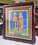 Ікона Святі рівноапостольні Констянтин Олена в темному дерев'яному фігурному кіоті під склом, розмір 32×28, сюжет 20×24., фото 2