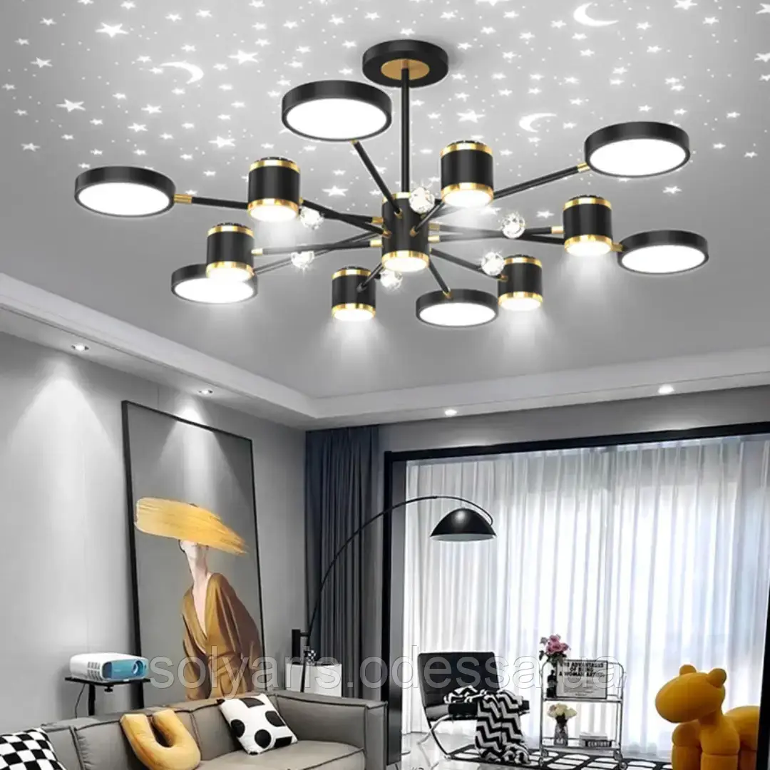 Світлодіодна стельова люстра із зірковою проекцією 190W+18W з пультом 3000 К-6500 К  SY-2216062/6+6+1 BK, фото 1