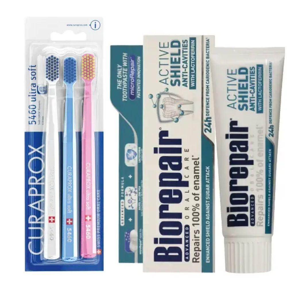 Набір зубних щіток Curaprox CS 5460/3 Ultra Soft, d 0,10 мм (3 шт.) + паста Biorepair Active Shield від каріесу