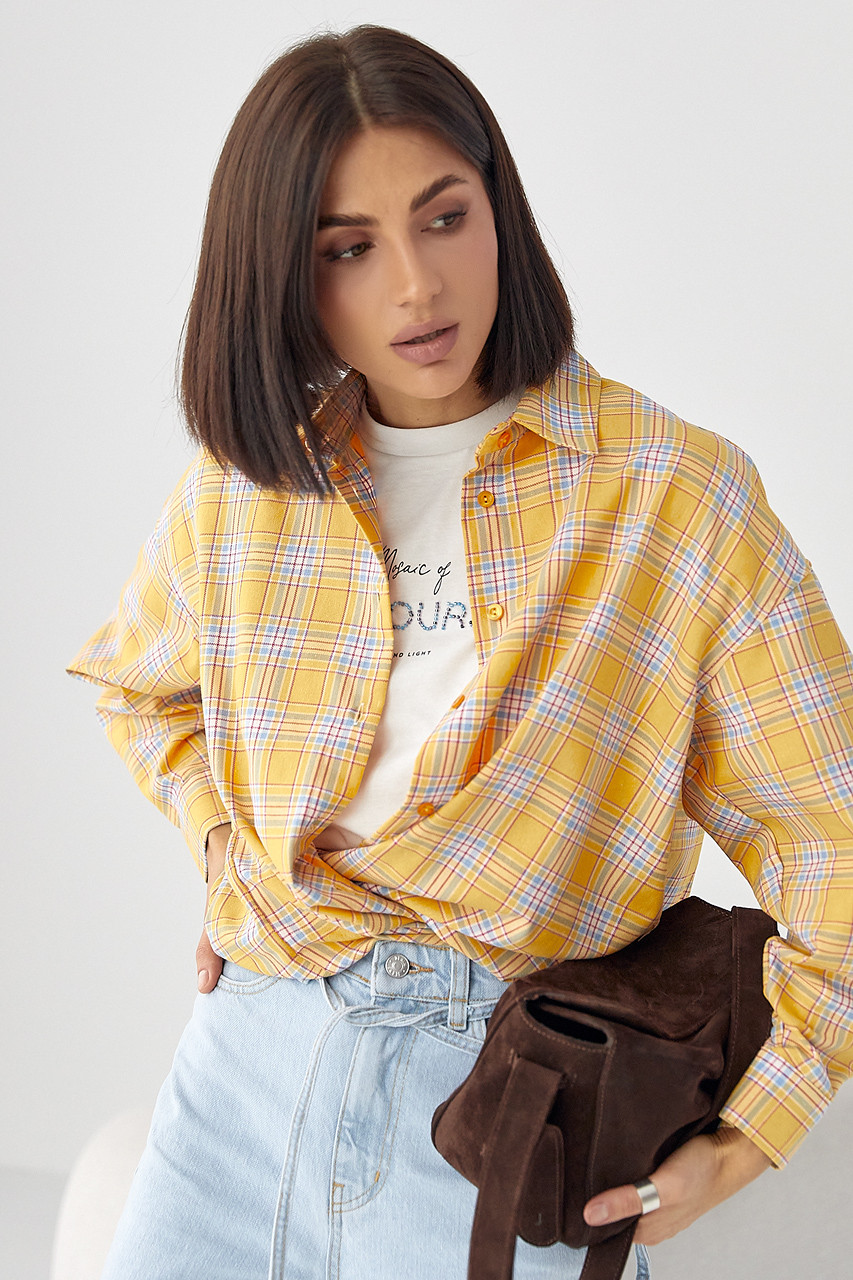 Сорочка жіноча в клітинку вільного крою - жовтий цвет, S (є розміри) L, Нове, фото 1