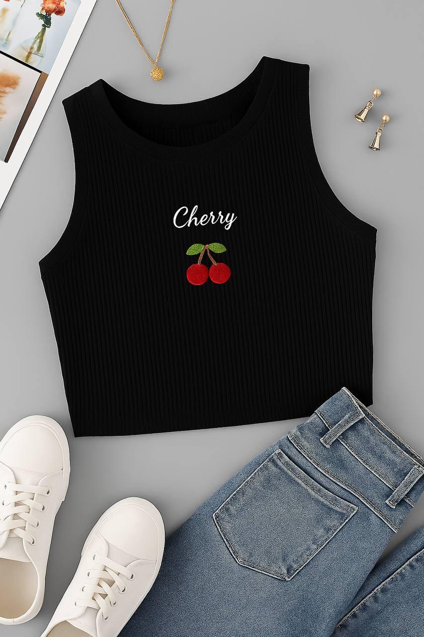 Кроп-топ із вишивкою "CHERRY" рубчик чорний, фото 1