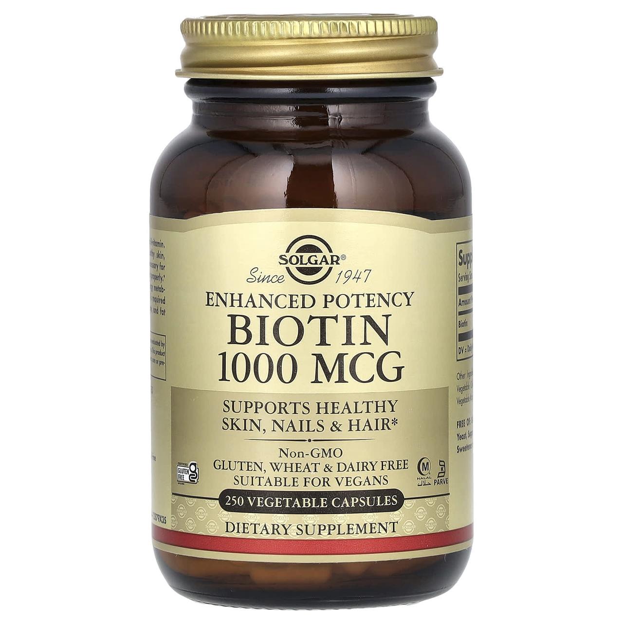 Біотин, Biotin, Solgar, 1000 мкг, 250 рослинних капсул
