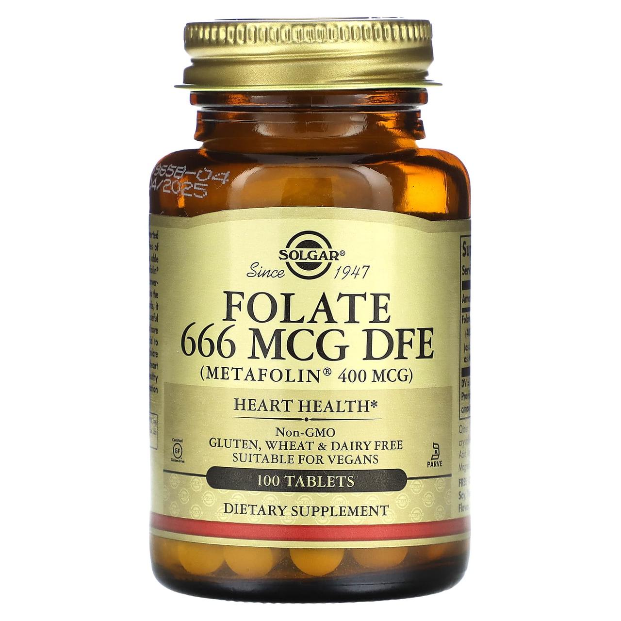 Фолат, Folate, Solgar, фолієва кислота у формі метилфолату, 666 мкг ДФЕ, 100 таблеток