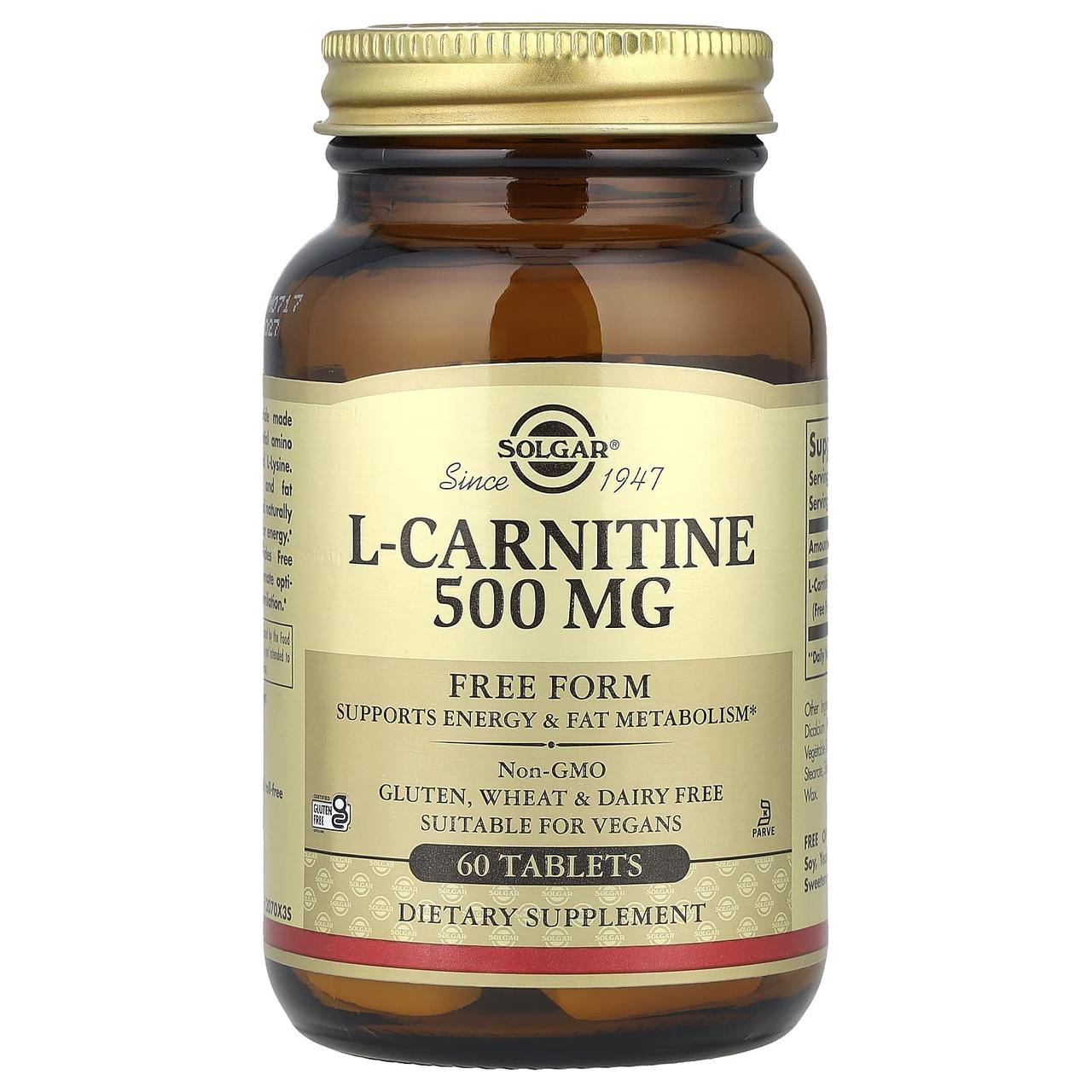 Карнітин (L-Carnitine), Solgar, вільна форма, 500 мг, 60 таблеток