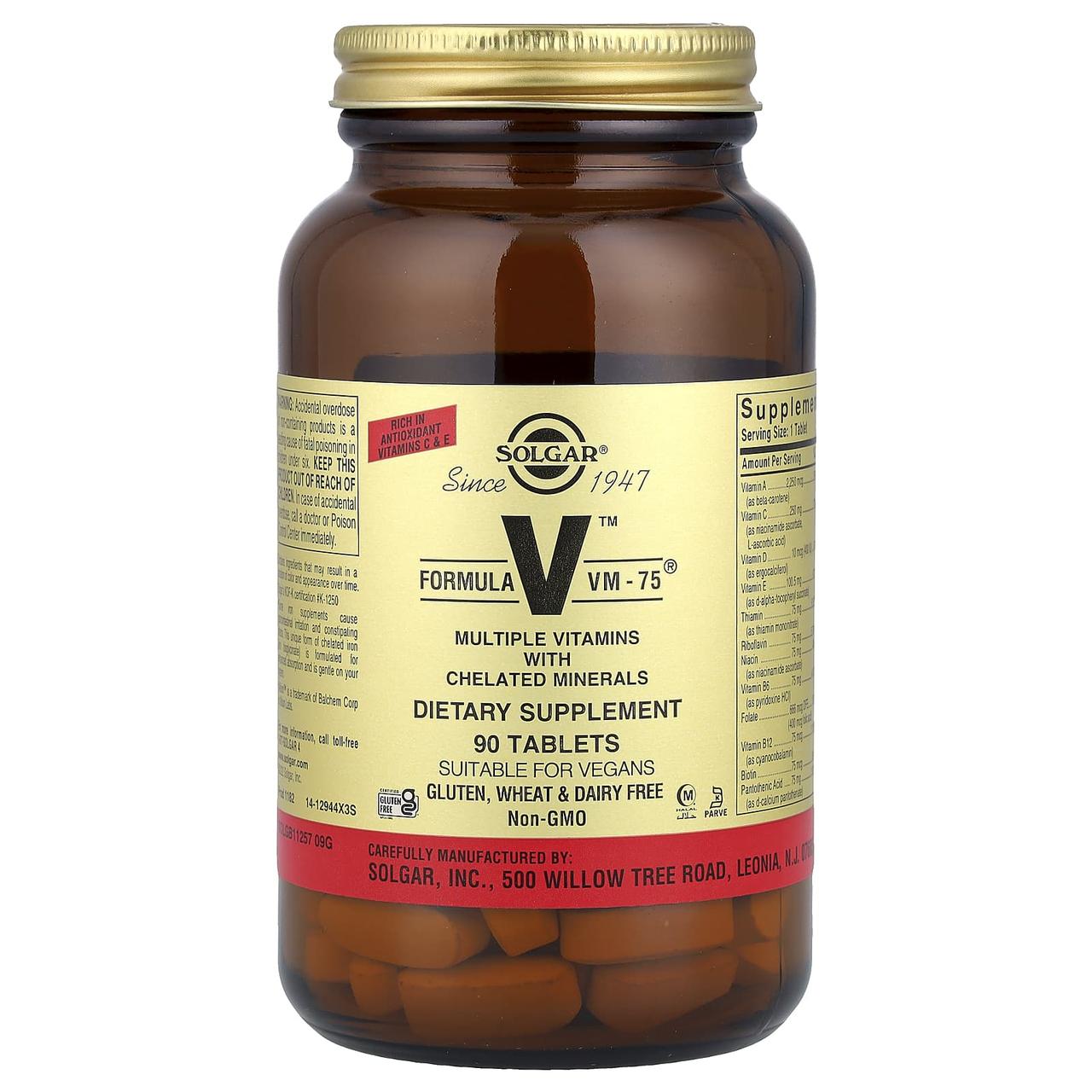 Мультивітаміни та хелатні мінерали, Formula V, VM-75, Solgar, 90 таблеток