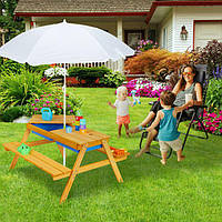 Комплект дитячих сидінь і столу з парасолькою для пікніка, пляжу, кемпінгу, 2 ванночки, дерево / поліестер / пластик