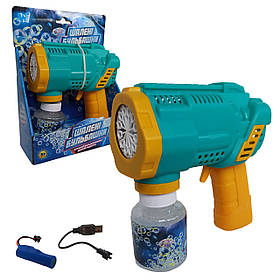 Пістолет автоматичний для мильних бульбашок "WToys" бірюзово-жовтий підсвічування, акумулятор, розчин (32857)