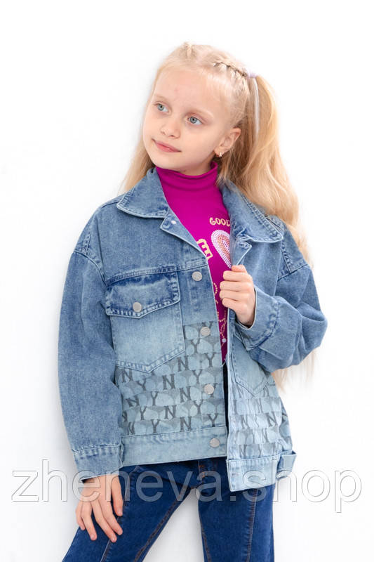 Куртка джинсова дитяча модна для дівчинки на ґудзиках із кишенями, фото 1